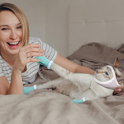 Hillban Cat Muzzle for Grooming with 4 Silicone Boots Breathable Transparent Cat Face Guard Silicone Cat Claw Covers Anti Scratch Cat Booties to Prevent Scratching Biting Bathing Trimming (Small)
