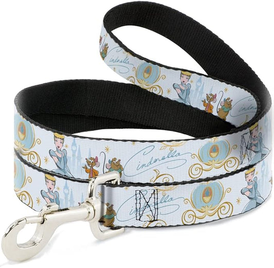Dog Leash Cinderella Pumpkin Coach and Mice Pose with Script Blues 4 Feet Long 0.5 Inch Wide