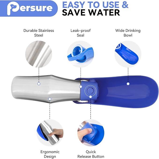 Dog Water Bottle, Portable Dog Water Bottle Dispenser - 27 OZ Stainless Steel Leak-Proof Water Bottle for Dogs On The Go, Perfect for Travel, Walking, Hiking and Outdoor Activities, Blue