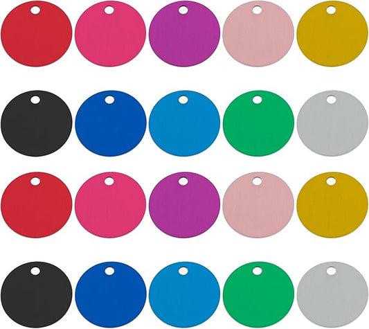 Framendino, 20 Pack Pet ID Tag Colorful Blank Round Double Sided Pets ID Tag Name Phone Number ID Tags Aluminum Charms for Dog Cat DIY Crafts Jewelry Making 25mm 10 Colors