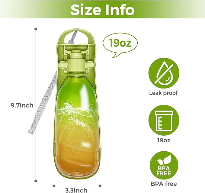 19oz Dog Water Bottle, Collapsible Dog Travel Water Bottle, Portable Dog Water Dispenser with Foldable Drinking Cup Bowl for Walking, Hiking, Lightweight, Leak-Proof, BPA Free, Green