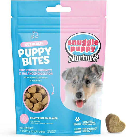 Puppy Bites by Snuggle Puppy, Gut Health, 60 Count Probiotic Supplement for Strong Immunity & Digestive Support for Puppies, Tasty Chew with Pumpkin, Mushrooms, Pectin, Dandelion & More