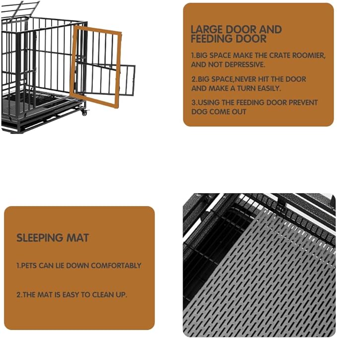 42 inch Heavy Duty Extra Large Indestructible Dog Crate Kennel Indoor with Separation Anxiety Lockable Wheels and Removable Tray