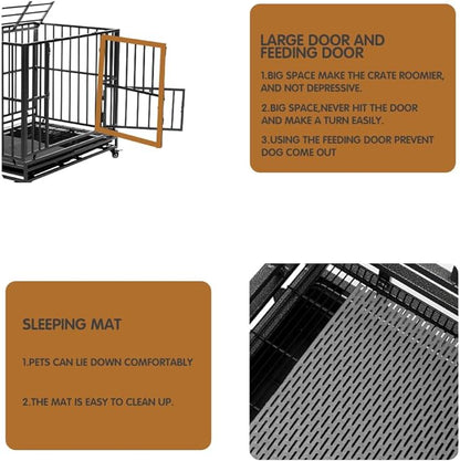 42 inch Heavy Duty Extra Large Indestructible Dog Crate Kennel Indoor with Separation Anxiety Lockable Wheels and Removable Tray