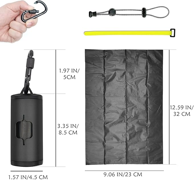 Metal Dog Poop Bags Holder Aluminum Poo Bags Dispenser with 15 Black Unscented Pet Waste Bags and 3 Leash Accessories for Dog Walking(1 Holder 15 Bags,Black)