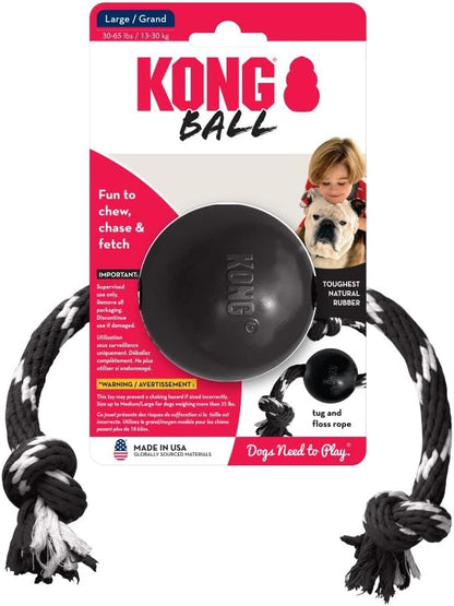 KONG Extreme Ball with Rope - Dog Fetch Toy with Rope for Easy Throwing - Durable Dog Ball Toy for Tug, Playtime & More s Most Durable Natural Rubber - Black - for Large Dogs