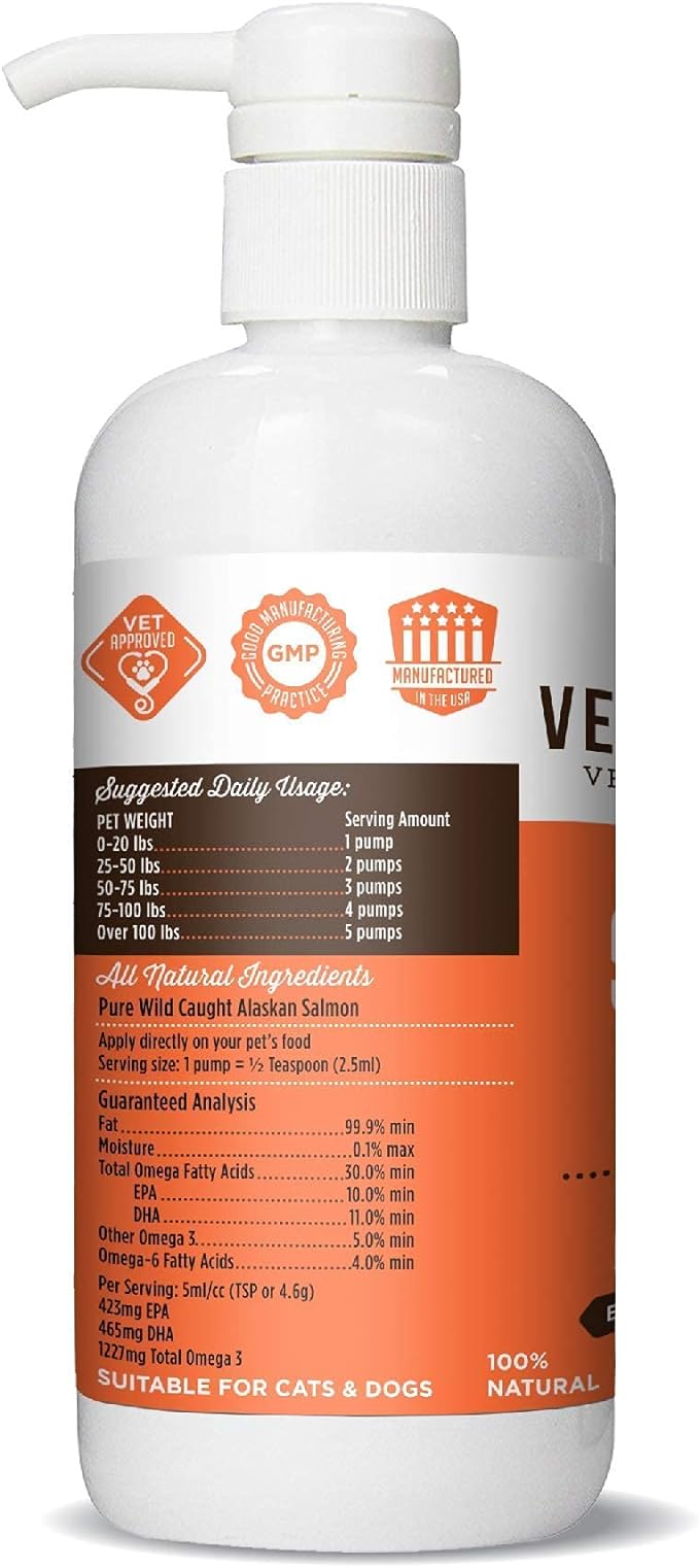 VetPro 100% Pure Wild Alaskan Salmon Oil Supplement for Dogs & Cats, 16 Ounces, Omega 3 & 6 Liquid Fish Oil, Supports Healthy Coat & Joints, Helps Dry Skin & Allergies, Add to Food