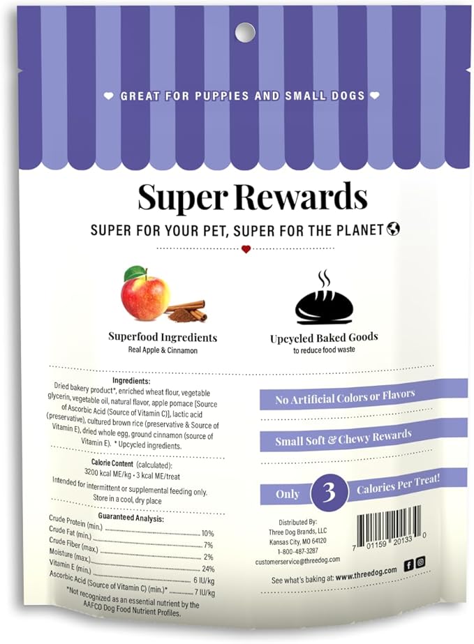 Three Dog Bakery Soft and Chewy Super Rewards with Superfoods Dog Treats, Low Calorie Dog Training Treats for Dogs, Orchard Apple Pie Flavor, 5 Ounce Resealable Bag