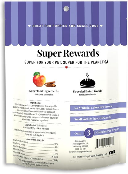 Three Dog Bakery Soft and Chewy Super Rewards with Superfoods Dog Treats, Low Calorie Dog Training Treats for Dogs, Orchard Apple Pie Flavor, 5 Ounce Resealable Bag