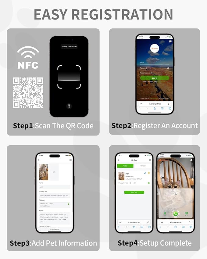 Joytale [ NO APP Required ] Silent Silicone QR Code Dog Tag, Slide On Dog Tags for 1.2-1.6Inch Wide Collars or Vest, NFC Pet Online Profile, Scan QR to Send Location Alert Email, White, L