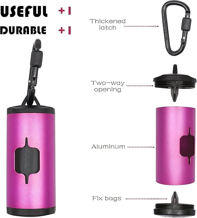 Metal Dog Poop Bags Holder Aluminum Poo Bags Dispenser with 15 Black Unscented Pet Waste Bags and 3 Leash Accessories for Dog Walking(1 Holder 15 Bags,Pink)