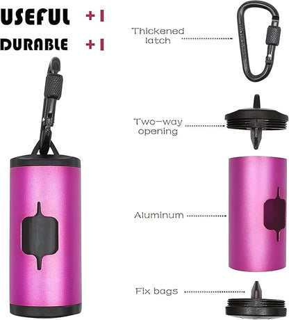 Metal Dog Poop Bags Holder Aluminum Poo Bags Dispenser with 15 Black Unscented Pet Waste Bags and 3 Leash Accessories for Dog Walking(1 Holder 15 Bags,Pink)