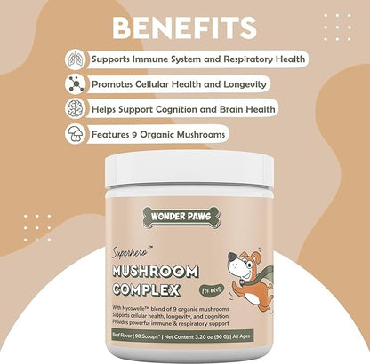 Immune Support Mushroom Powder for Dogs – Organic Mushroom Complex for Immunity, Cognition, Cellular Health, Longevity - With Turkey Tail Mushroom for Dogs, Reishi & Lions Mane – 90 Scoops