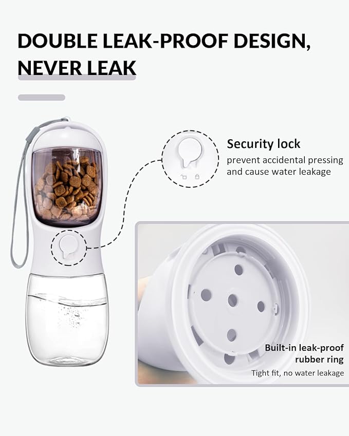 Dog Water Bottle 2 in 1, Leak Proof Portable Pet Water Bottle with Food Container, Outdoor Portable Water Dispenser for Cat, Puppy for Walking, Hiking, Camping, Travel(10oz White)