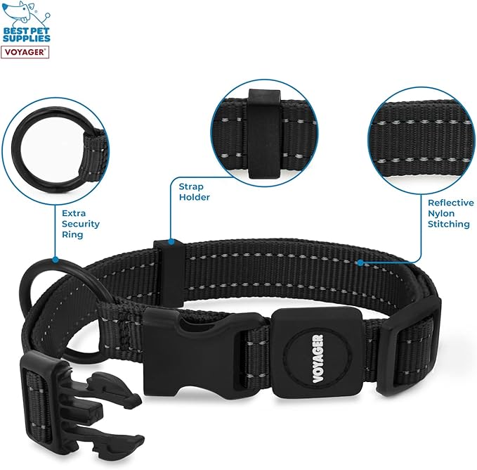 Best Pet Supplies Reflective Dog Collar with Adjustable Length, Heavy-Duty Buckle, and Strong Leash D-Ring, Training, Walking, Jogging Accessory for Small, Medium, and Large Breeds - Black, L