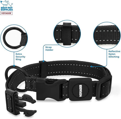 Best Pet Supplies Reflective Dog Collar with Adjustable Length, Heavy-Duty Buckle, and Strong Leash D-Ring, Training, Walking, Jogging Accessory for Small, Medium, and Large Breeds - Black, L