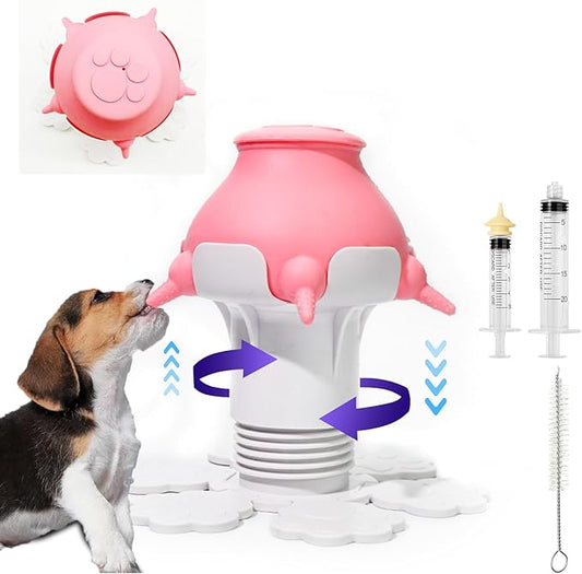 Puppy Feeders for Multiple Puppies - Height Adjustable Puppy Bottles for Nursing Puppy Milk, 10.2oz 5 Nipple Kitten Bottle with 2 Syringes for Newborn Animal, Feeding Station Milk Replacer