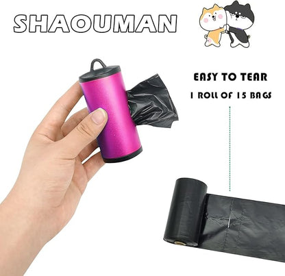 Metal Dog Poop Bags Holder Aluminum Poo Bags Dispenser with 15 Black Unscented Pet Waste Bags and 3 Leash Accessories for Dog Walking(1 Holder 15 Bags,Pink)