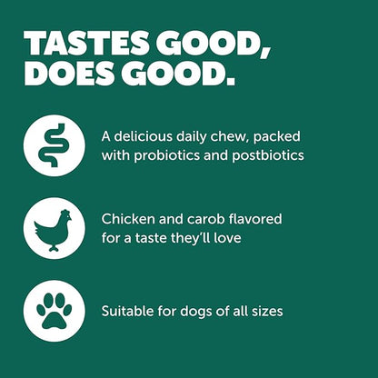 Daily Care Gut+ Digestive, 60 probiotic and postbiotic Dog Supplement Chews – Chicken and Carob Flavored