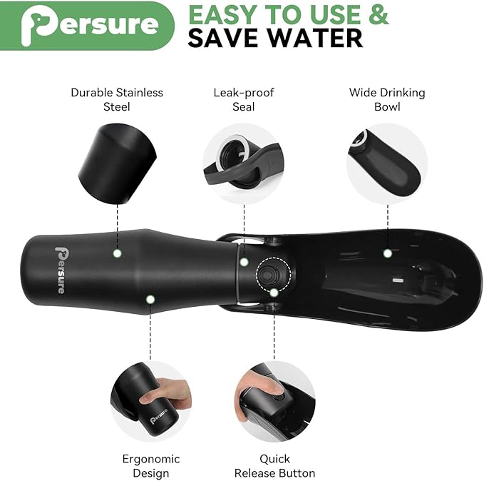 Dog Water Bottle, Portable Dog Water Bottle Dispenser - 27 OZ Stainless Steel Leak-Proof Water Bottle for Dogs On The Go, Perfect for Travel, Walking, Hiking and Outdoor Activities, Whole Black
