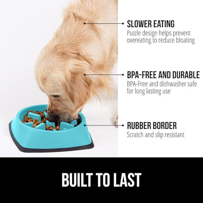 Gorilla Grip Slip Resistant Slow Feeder Dog Bowl,4 Cups,Slows Down Pets Eating,Prevents Overeating,Feed Small&Large Breed Puppy,Puzzle Design,Dogs Pet Bowls for Dry&Wet Food,Turquoise,4 Cup.