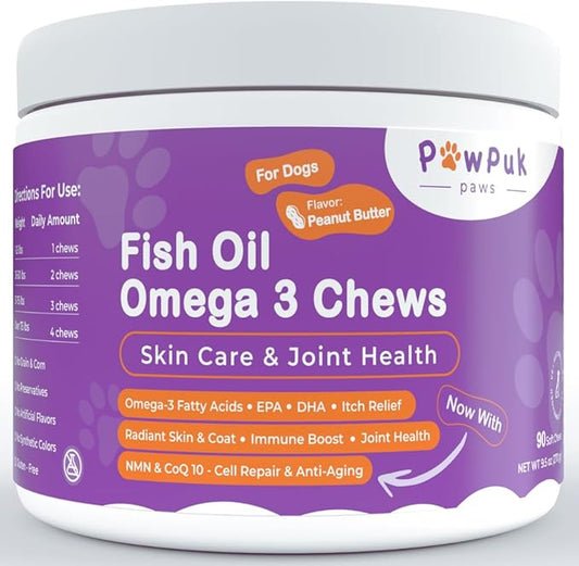 Omega 3 Salmon Fish Oil Chews for Dogs, Skin & Coat, Reduced Itching, Hip & Joint Mobility, Co-Q10, EPA, DHA, NMN (90 Soft Chews)