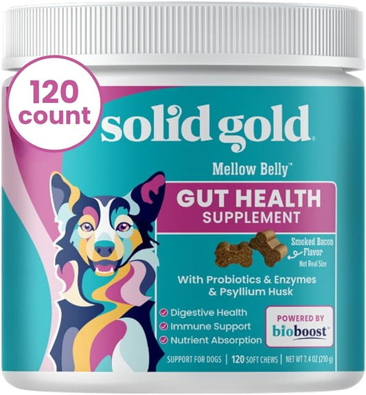 Solid Gold Dog Probiotic Chews - Bacon Flavor Soft Chews for Dog Digestive Support - Mellow Belly Probiotic for Dogs with Fiber & Digestive Enzymes for Bowel Support & Gut Health - 120 Count