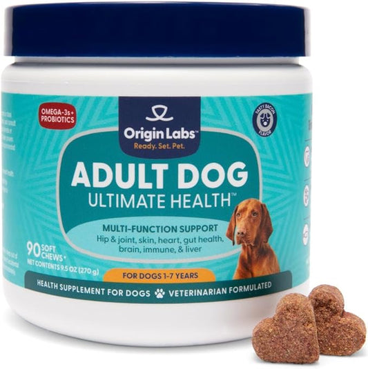 Adult Dog Multifunction Support, Omega 3 Supplement, Gut Health Probiotics, Immune Support, Heart, Skin, Liver, Brain, Joint Health, Glucosamine Chondroitin, Bacon Flavor, 90 Soft Chews