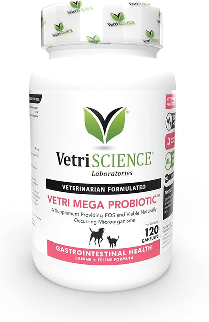 VetriScience Vetri Mega Probiotics for Dogs & Cats, 7.5 Billion CFU – 8-Strain Cat & Dog Probiotics for Digestive Health, Gut Health, Immune Support & Seasonal Allergies – 120 Capsules