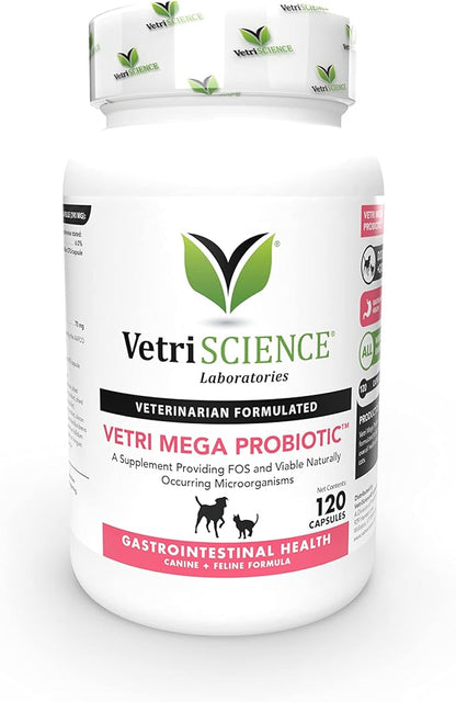 VetriScience Vetri Mega Probiotics for Dogs & Cats, 7.5 Billion CFU – 8-Strain Cat & Dog Probiotics for Digestive Health, Gut Health, Immune Support & Seasonal Allergies – 120 Capsules