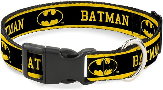 Buckle-Down "BATMAN/Logo Stripe" Plastic Clip Collar, Yellow/Black, 1" Wide-Fits 9-15" Neck-Small