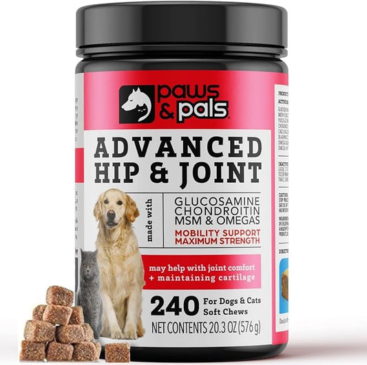 Paws & Pals Glucosamine Chondroitin MSM for dogs 240 Count, Hip and Joint Mobility Soft Chews Supplement, Pain & Inflammation Relief for all breeds - Maximum Strength, Treats Hip Dysplasia & Arthritis