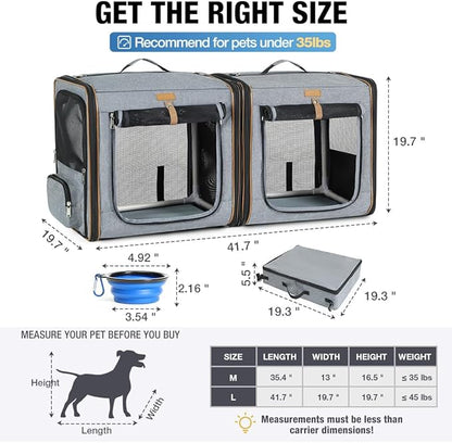 Lekereise 2-in-1 Cat,Dog Carrier for Small Medium Large Pets up to 45 Lbs, (20.85"*2)*19.7"*19.7" Car Travel Carrier with Litter Box, Bowl, and Locking Zipper - Dark Gray
