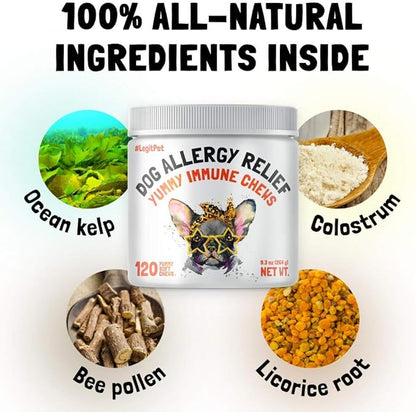 Allergy Relief Chews for Dogs & Immune & Digestive Supplement with Wild Salmon Oil Kelp Colostrum Turmeric Probiotics & Bee Pollen for Seasonal Allergies Anti Itch, Skin Hot Spots Soft Treats