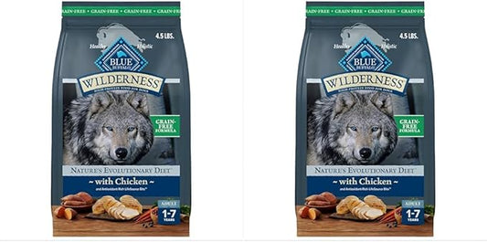 Blue Buffalo Wilderness Adult High-Protein Dry Dog Food with Real Chicken, Grain-Free, Made in The USA with Natural Ingredients, Chicken, 4.5-lb. Bag (Pack of 2)