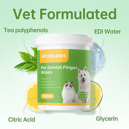 Teeth Cleaning for Dogs & Cats - Dental Care Finger Wipes to Remove Bad Breath - Pet Toothbrush Plaque and Tartar Remover - Tooth Brushing Kit (50 Count)