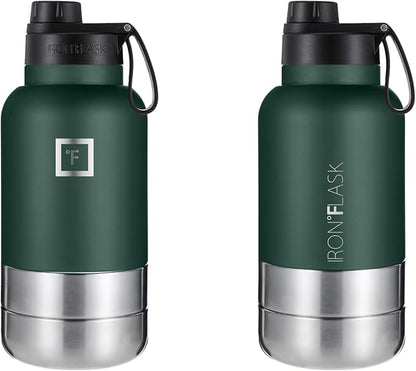 IRON °FLASK Portable Dog Water Bottle & Bowl - All-in-One Travel Accessories Pet Food & Liquids for Car, Hiking, Camping - Leak-Proof, Double Walled, Insulated - 32 oz, 2 Dog Bowls - Dark Pine