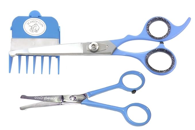 SCAREDY CUT NO BUZZ Dog Clippers, TINY TRIM Safety Scissor. A Silent Low Noise Pet Grooming Clipper, Right Handed Blue