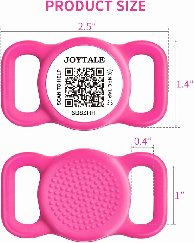 Joytale [ NO APP Required ] Silent Silicone QR Code Dog Tag, Slide On Dog Tags for 1 Inch Wide Collars or Vest, NFC Pet Online Profile, Scan QR to Send Location Alert Email, Hot Pink, M