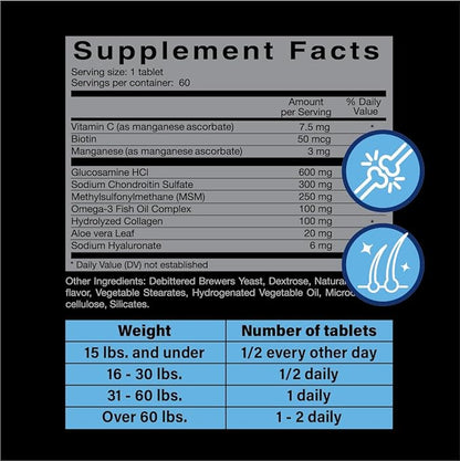 Glucosamine for Dogs Hip & Joint Supplement – “Two-in-One Combo” Dog Joint Care and Improved Skin & Coat with Chondroitin, MSM, Omega 3, Collagen & Biotin, 60 Chewable Tablets