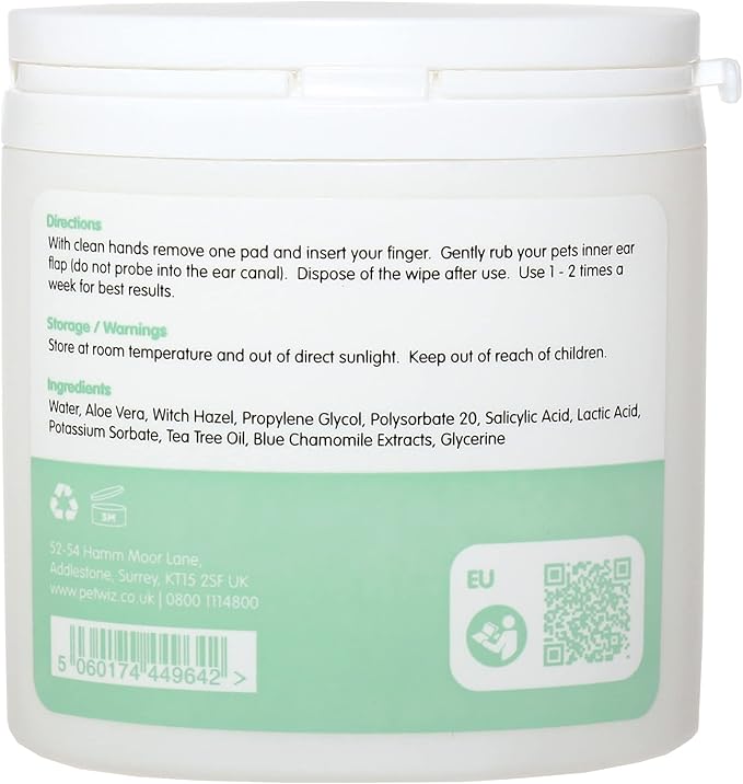pet wiz Ear Wipes for Dogs & Cats. Clean, Soothe & Deodorise with Natural Active Ingredients Aloe Vera, Witch Hazel, Tea Tree Oil and Blue Chamomile Extract.