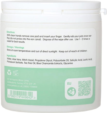 pet wiz Ear Wipes for Dogs & Cats. Clean, Soothe & Deodorise with Natural Active Ingredients Aloe Vera, Witch Hazel, Tea Tree Oil and Blue Chamomile Extract.