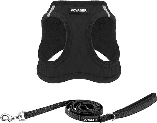 Voyager Step-in Plush Dog Harness – Soft Plush, Step in Vest Harness and Reflective Dog 5 ft Leash Combo with Neoprene Handle for Small and Medium Dogs by Best Pet Supplies -Set (Black Plush), S