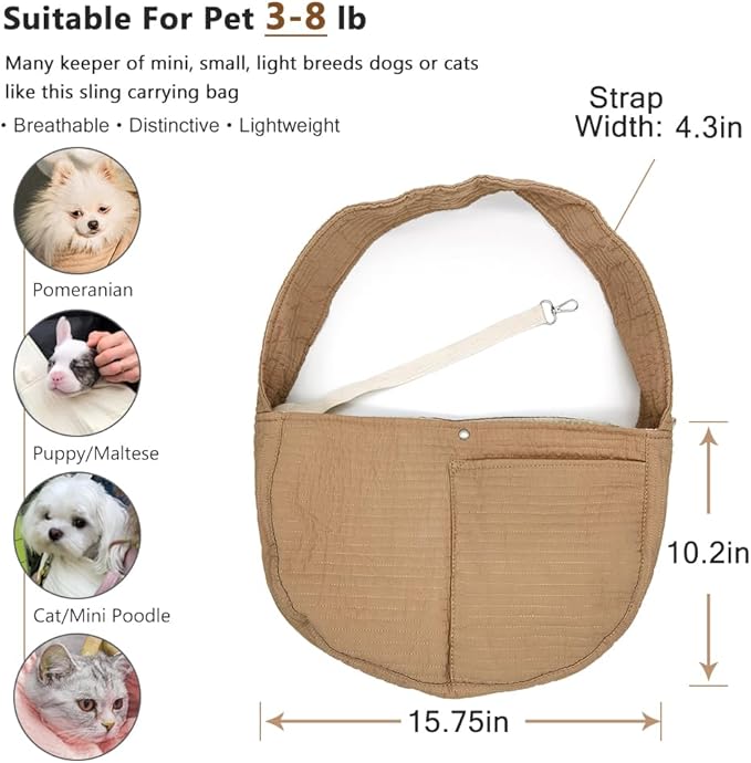 NATUYA Small Dog Carrier Sling for Small Dogs Puppy Cat - Big Pouch Safety Leash Pet Sling Carrier for Walking Outdoor Travel (Brown Long Strap, Canvas)
