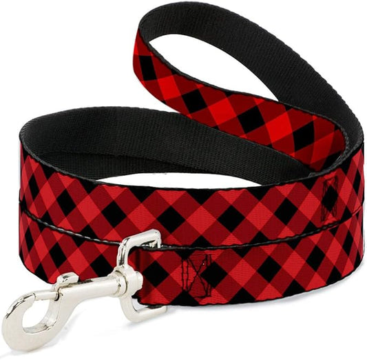 Buckle-Down Dog Leash Diagonal Buffalo Plaid Black Red Available In Different Lengths And Widths For Small Medium Large Dogs and Cats, 6 Feet Long - 1/2" Wide