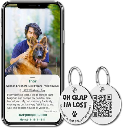 MYLUCKYTAG Stainless Steel QR Code Pet ID Tags Dog Tags - Pet Online Profile - Scan QR Receive Instant Pet Location Alert Email