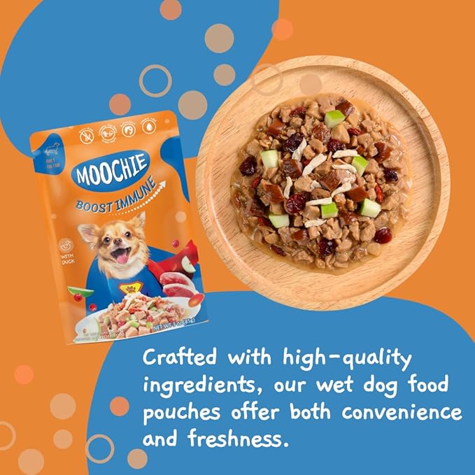 MOOCHIE Grain Free Wet Dog Food for Small Breed - Boost Immune - Duck with Cranberry, Goji Berry and Green Apple - No Added Preservatives or Artificial Flavoring - 3 oz x 12 Pouches
