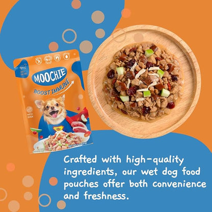 MOOCHIE Grain Free Wet Dog Food for Small Breed - Boost Immune - Duck with Cranberry, Goji Berry and Green Apple - No Added Preservatives or Artificial Flavoring - 3 oz x 12 Pouches