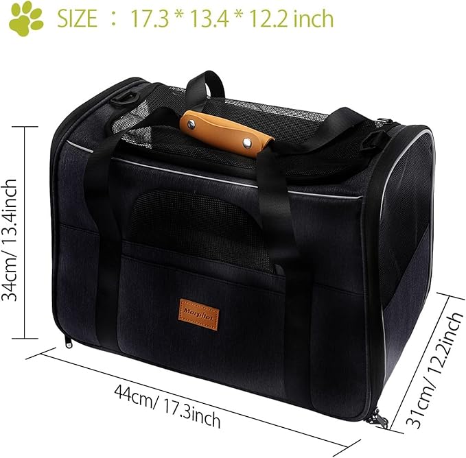 Cat Carrier, Morpilot Dog Carrier Travel Bag Airline Approved Portable Pet Carrier for Small Medium Puppies with Adjustable Shoulder Strap/Removable Mat/Bowl (Max 15lbs, 17.3x12.2x13.4)