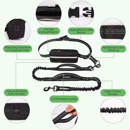 Philorn Hands Free Dog Leash with Pouch, Adjustable Waist Leash for Dog Walking, Running Leash for Medium Large dogs, Waist Dog Leash with Dual Handles and Durable Bungee for Jogging Hiking (Black)